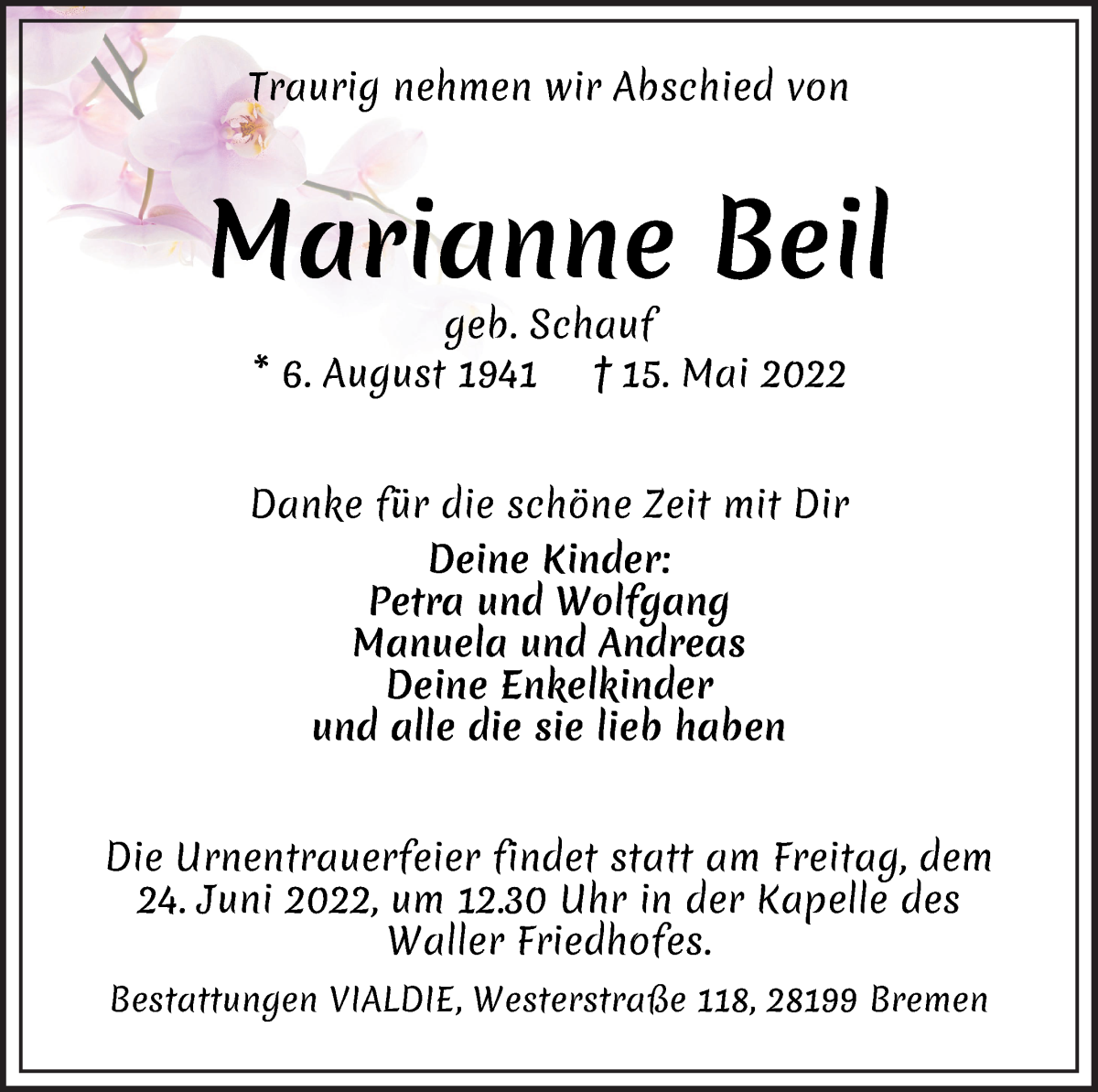 Traueranzeige von Marianne Beil von WESER-KURIER