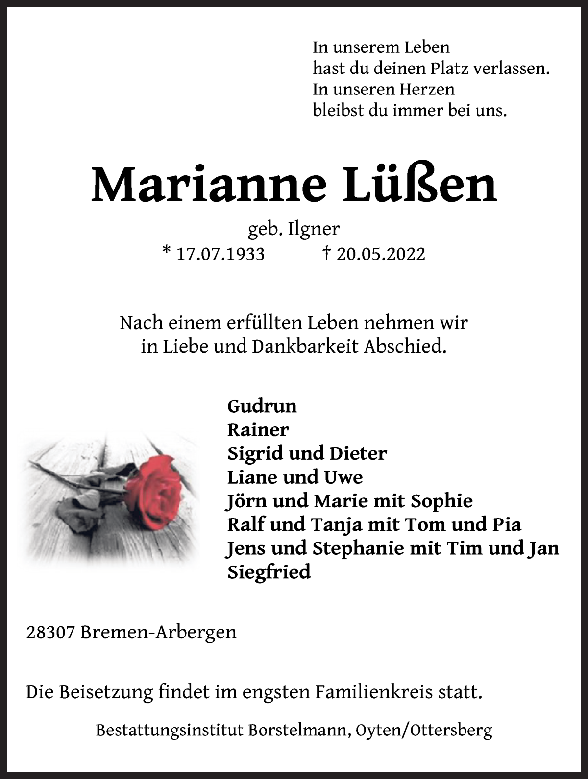 Traueranzeige von Marianne Lüßen von WESER-KURIER