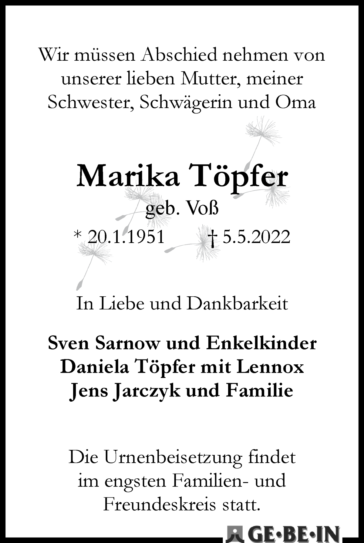 Traueranzeige von Marika Töpfer von WESER-KURIER