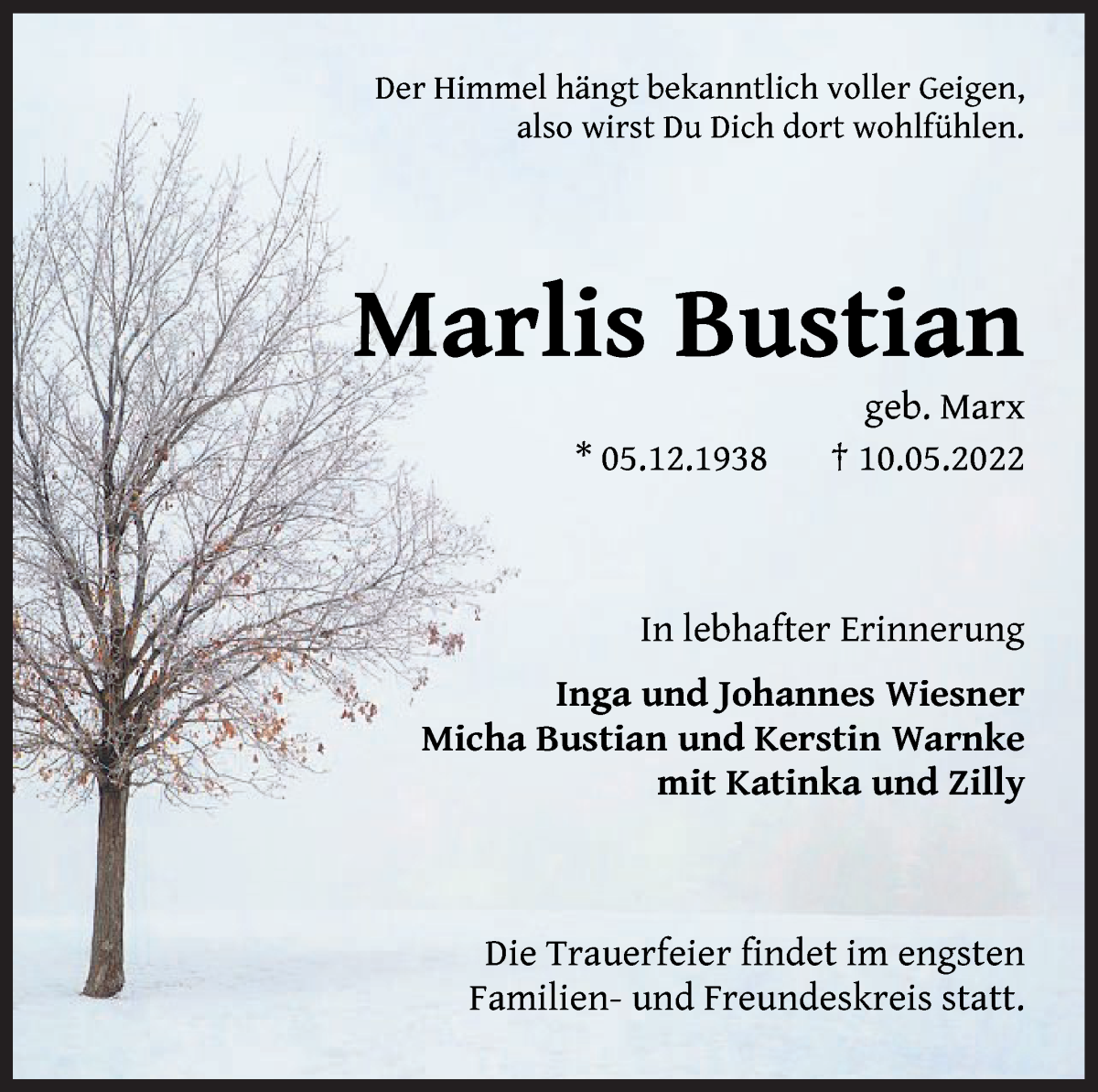 Traueranzeige von Marlis Bustian von WESER-KURIER