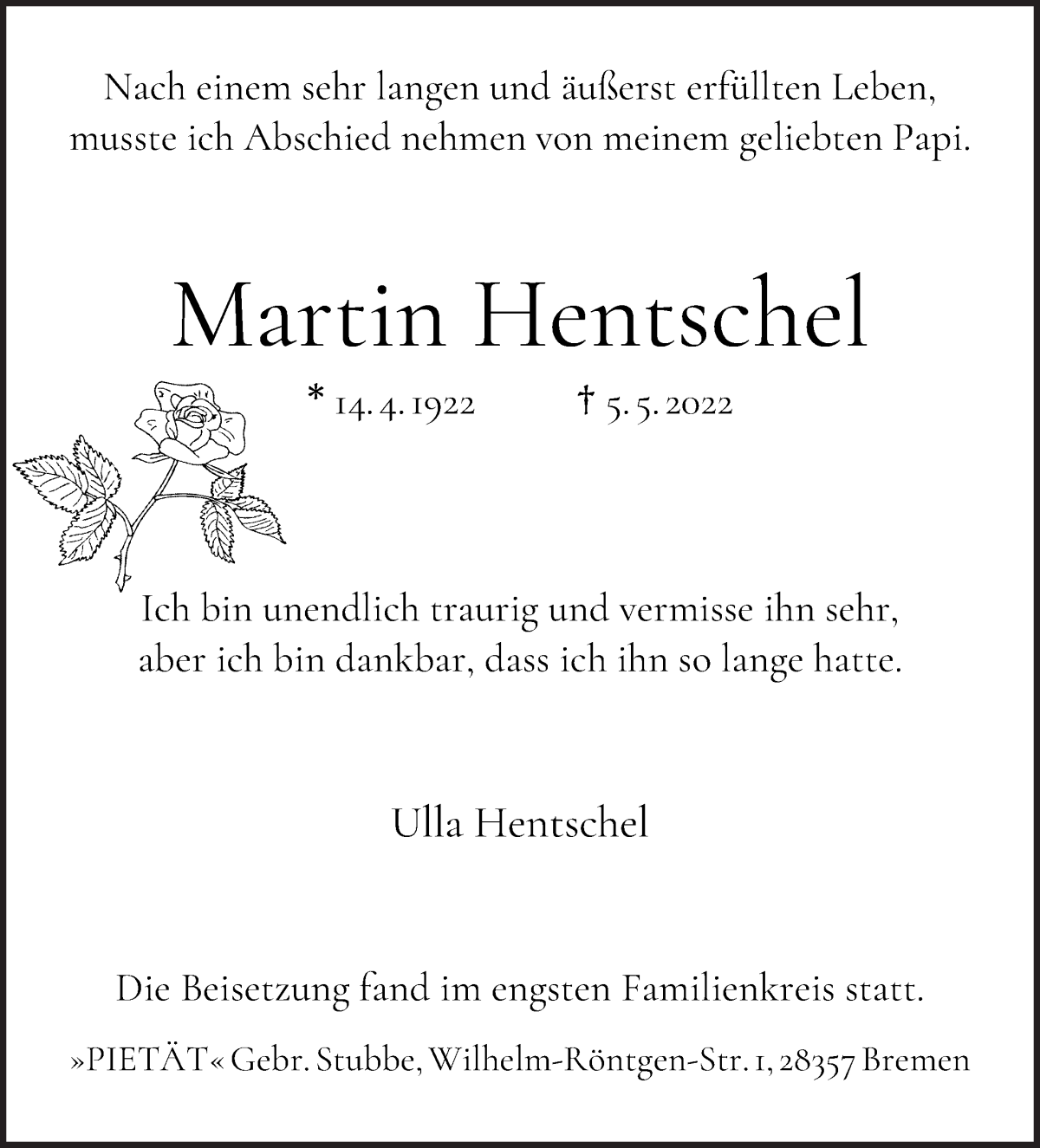 Traueranzeige von Martin Hentschel von WESER-KURIER