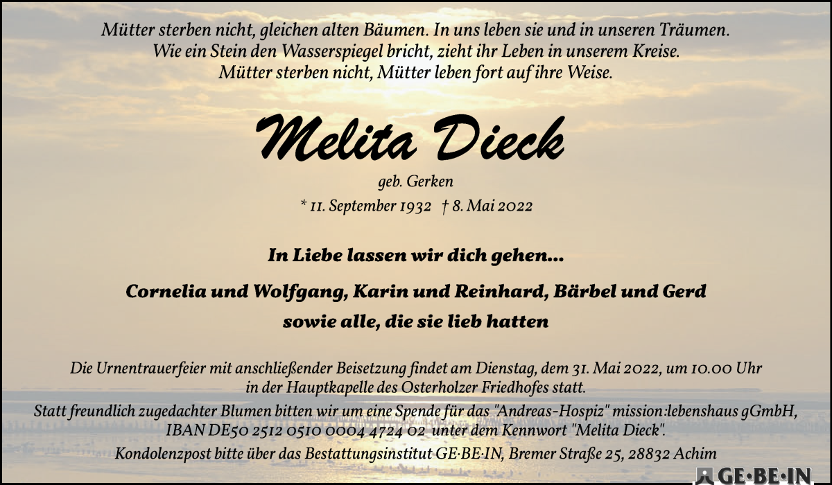 Traueranzeige von Melita Dieck von WESER-KURIER