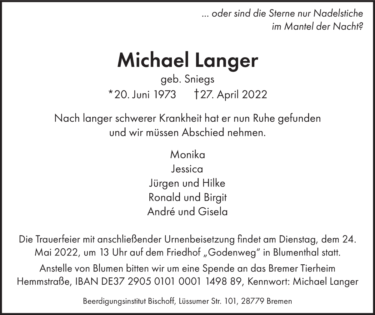 Traueranzeige von Michael Langer von Die Norddeutsche