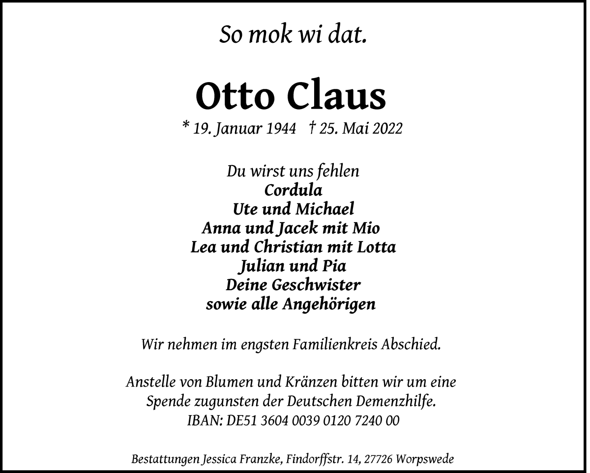 Traueranzeige von Otto Claus von Wuemme Zeitung