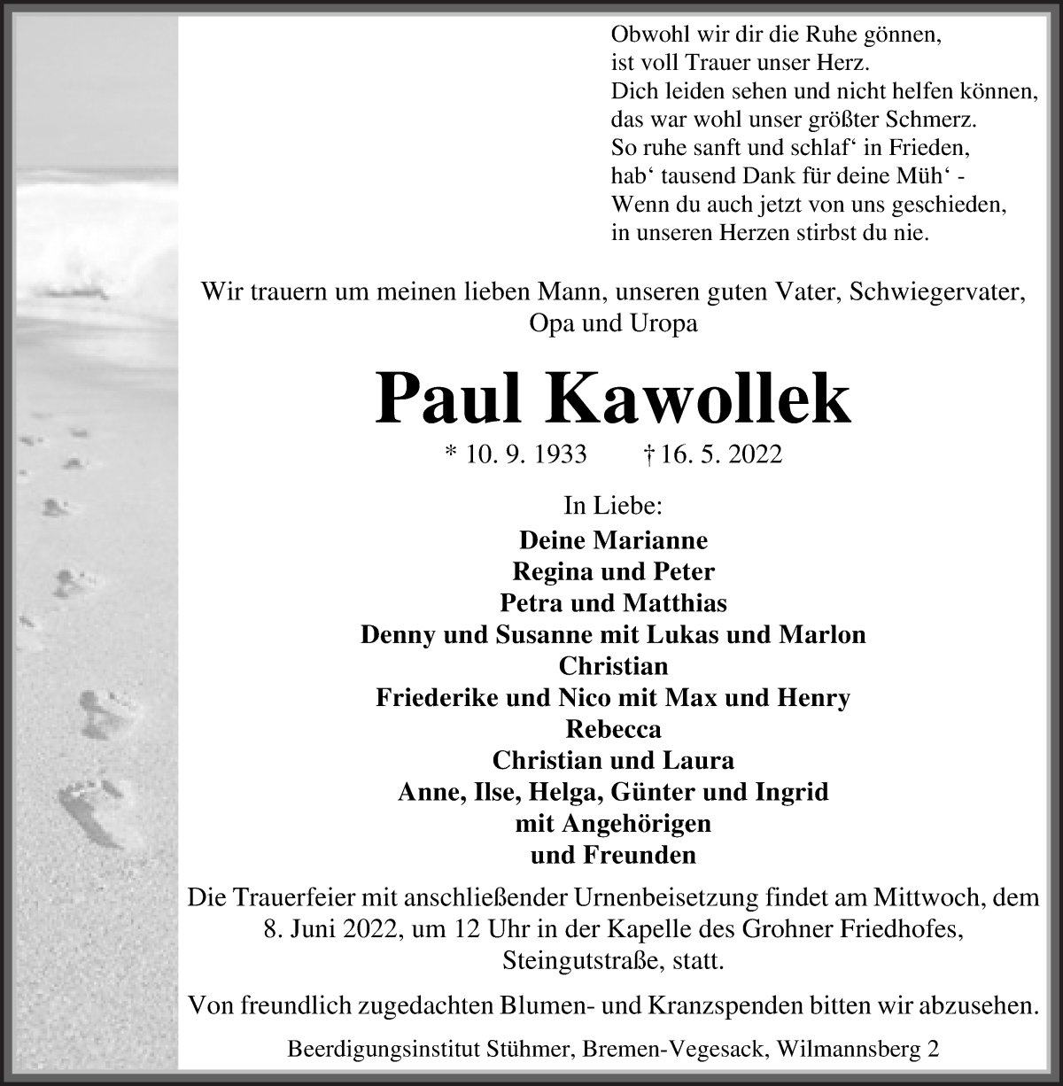 Traueranzeige von Paul Kawollek von Die Norddeutsche
