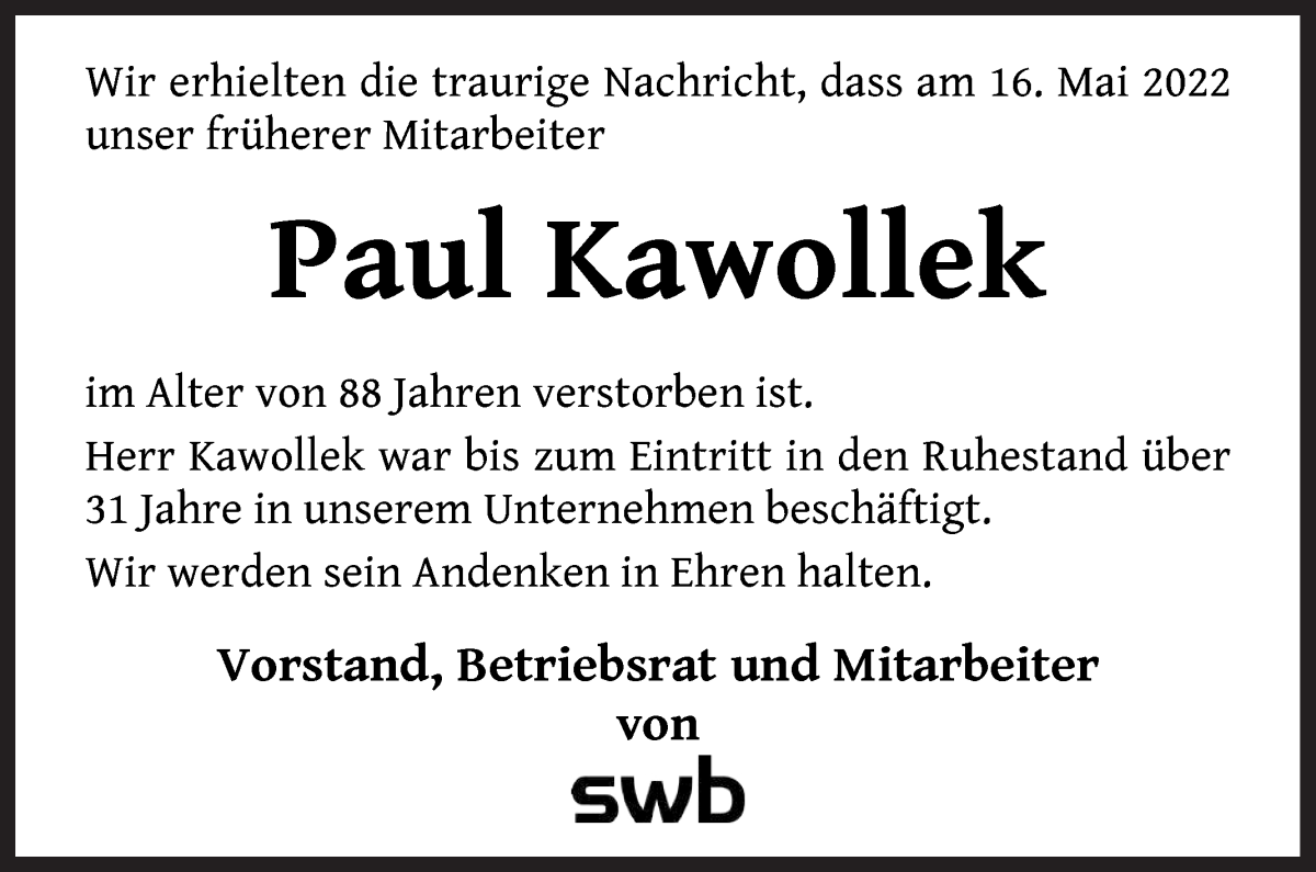 Traueranzeige von Paul Kawollek von WESER-KURIER