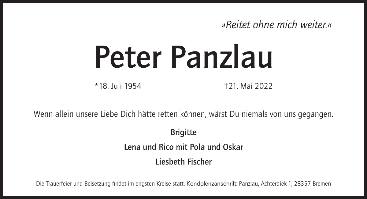 Traueranzeige von Peter Panzlau von WESER-KURIER