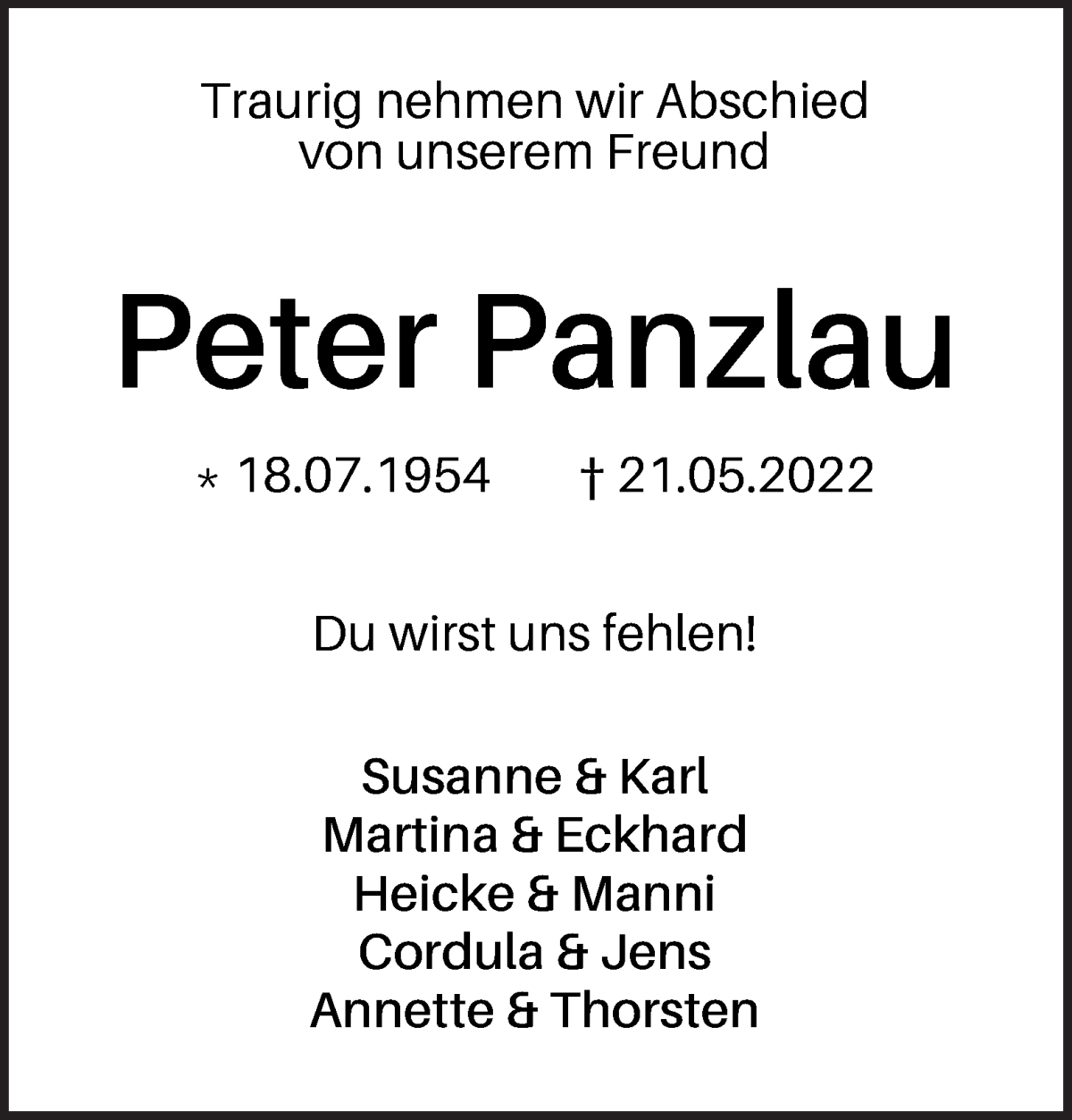 Traueranzeige von Peter Panzlau von WESER-KURIER