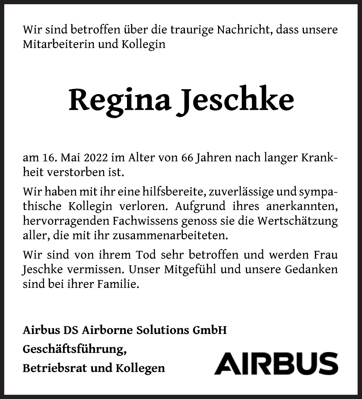 Traueranzeige von Regina Jeschke von WESER-KURIER