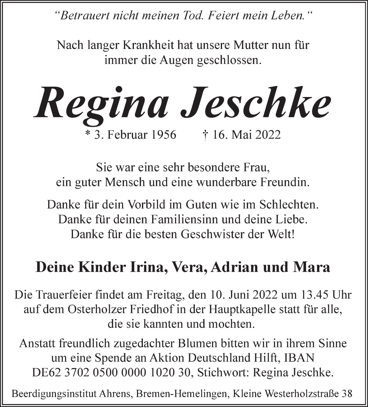 Traueranzeige von Regina Jeschke von WESER-KURIER