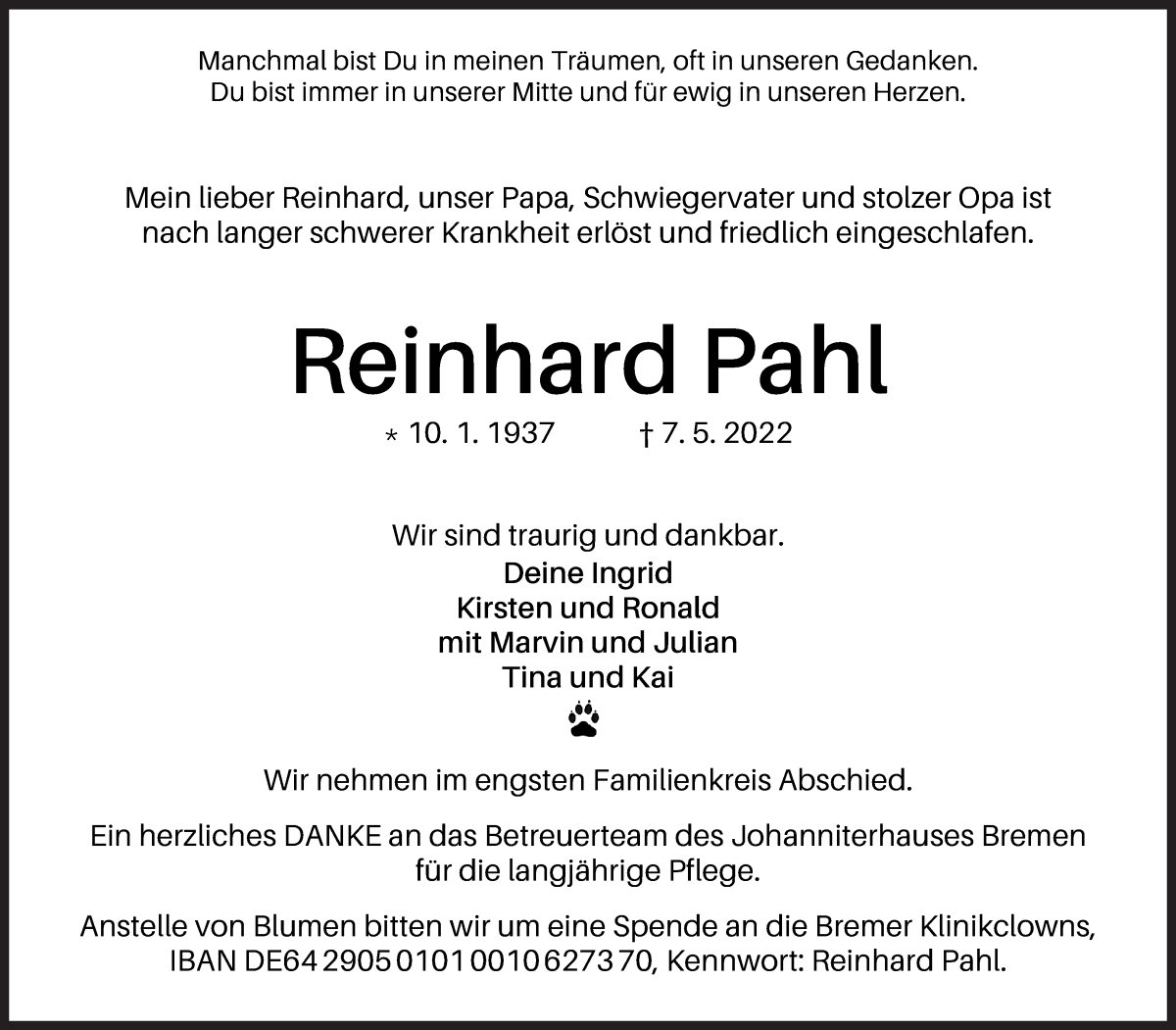 Traueranzeige von Reinhard Pahl von WESER-KURIER
