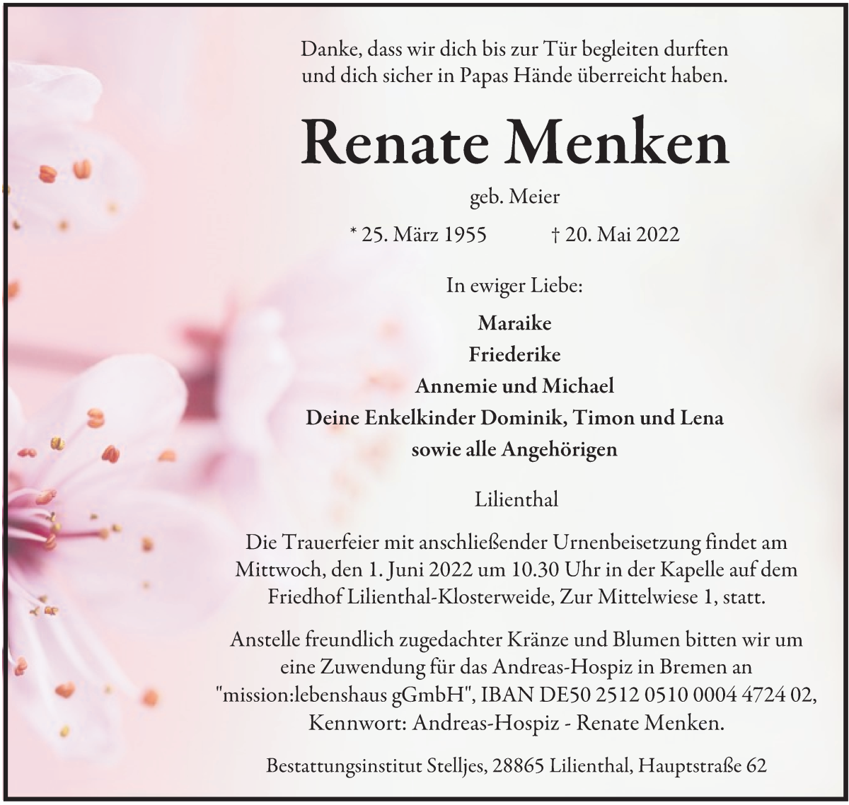 Traueranzeige von Renate Menken von Wuemme Zeitung