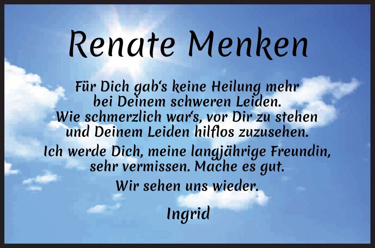 Traueranzeige von Renate Menken von Wuemme Zeitung