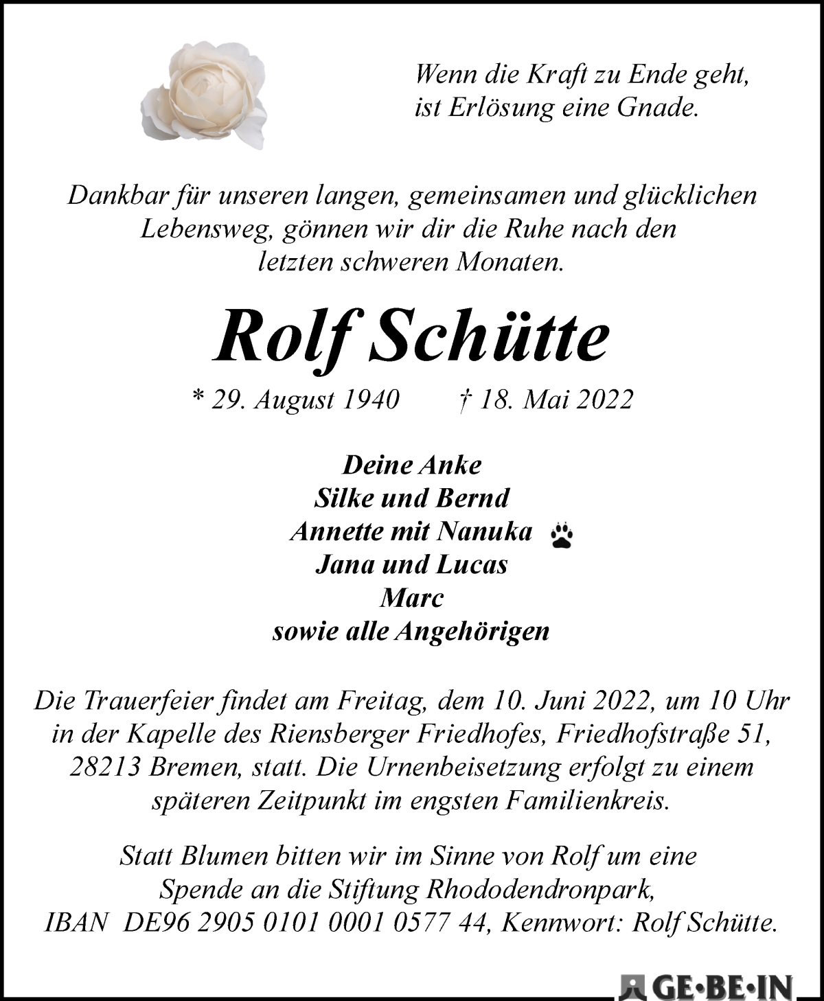 Traueranzeige von Rolf Schütte von WESER-KURIER