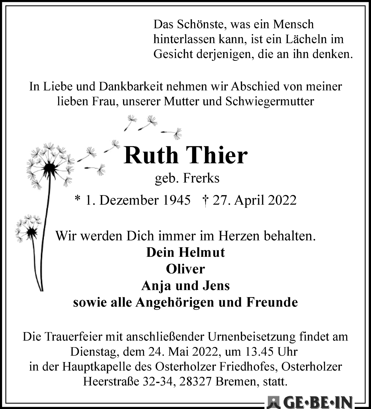 Traueranzeige von Ruth Thier von WESER-KURIER