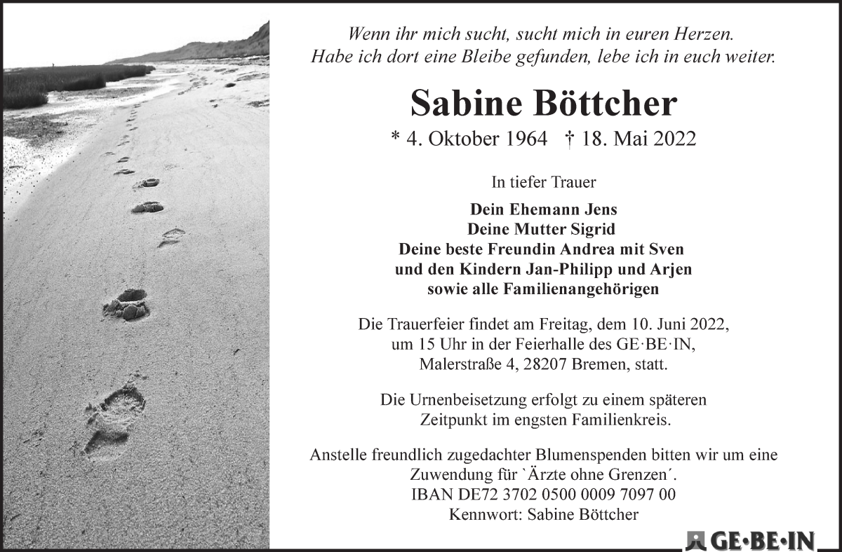 Traueranzeige von Sabine  Böttcher von WESER-KURIER