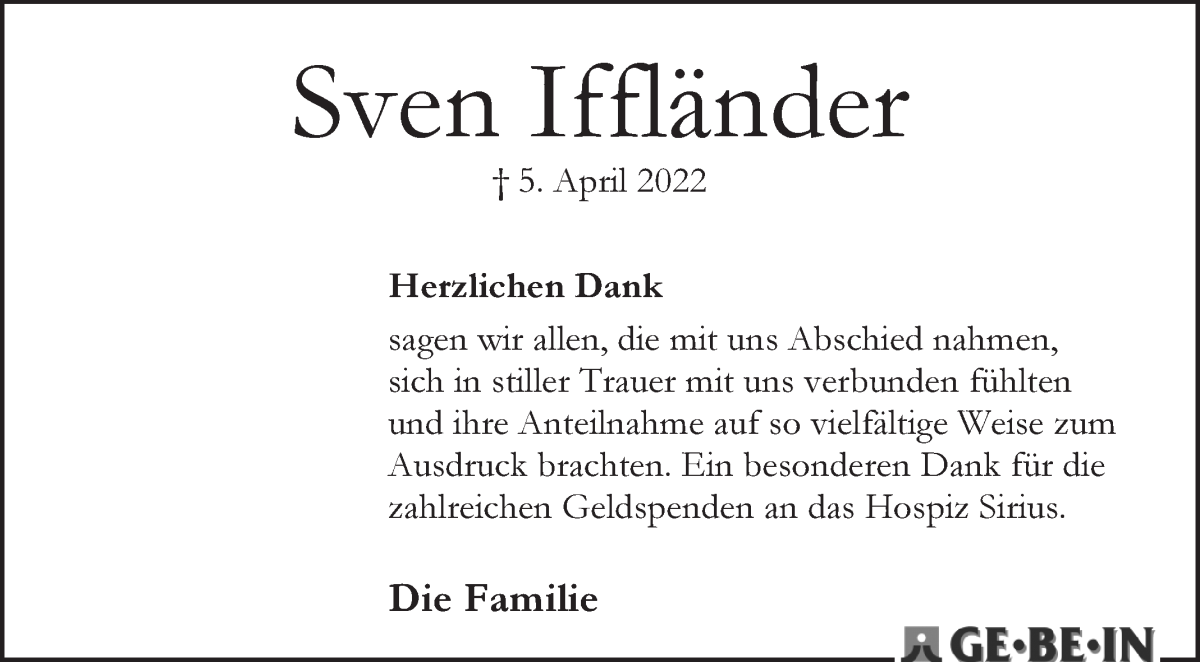 Traueranzeige von Sven Iffländer von WESER-KURIER