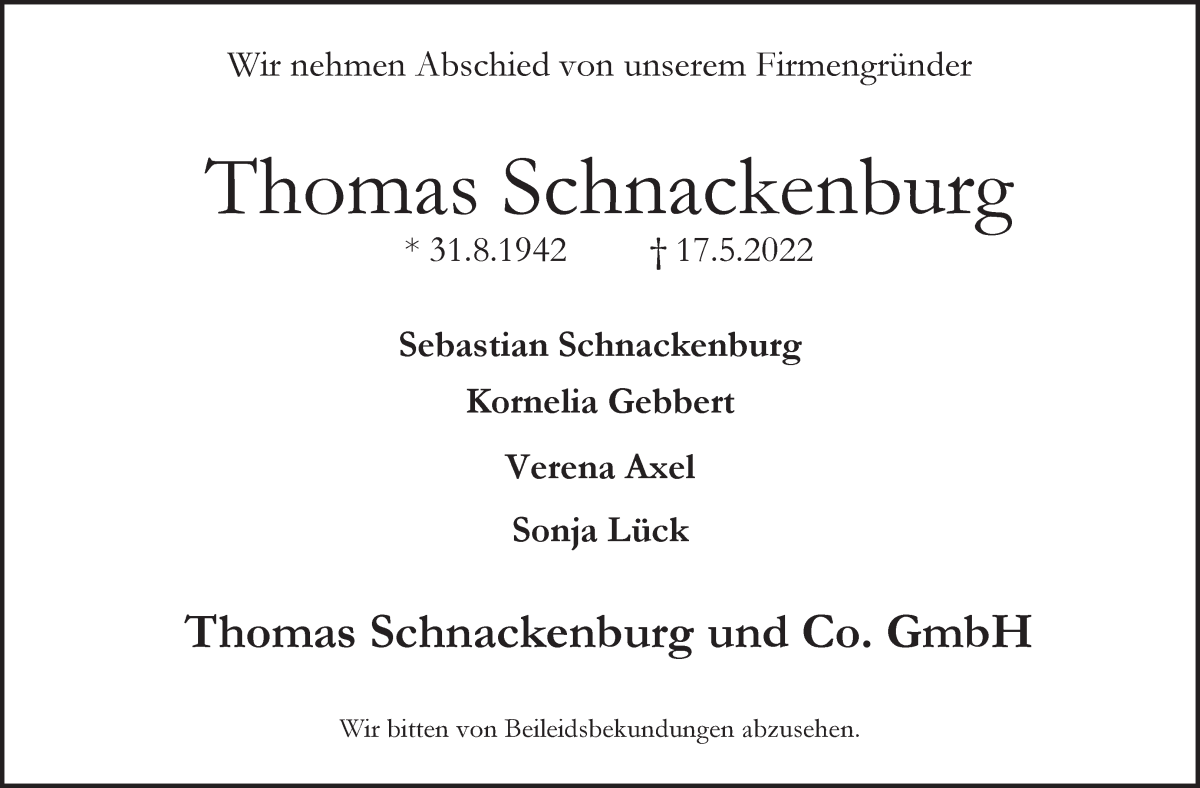 Traueranzeige von Thomas Schnackenburg von WESER-KURIER