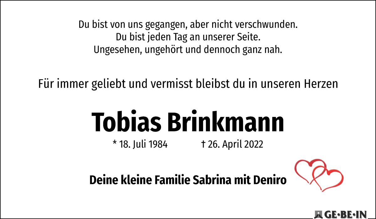 Traueranzeige von Tobias Brinkmann von WESER-KURIER