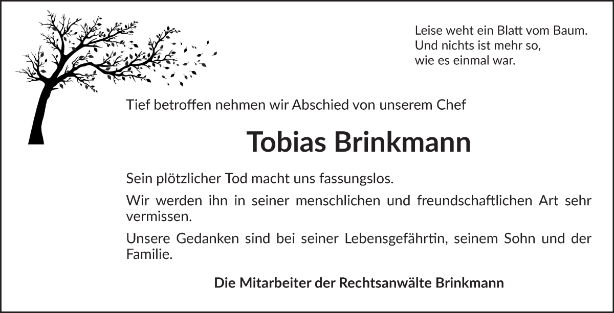 Traueranzeige von Tobias Brinkmann von WESER-KURIER
