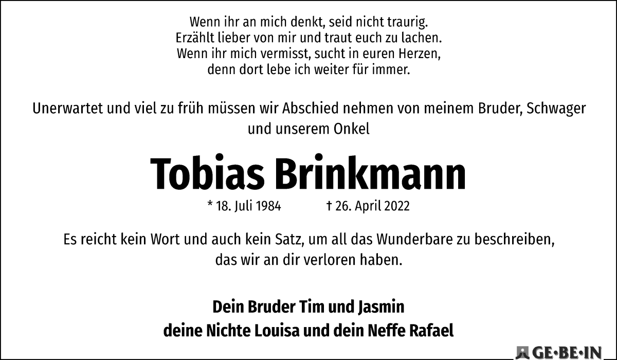 Traueranzeige von Tobias Brinkmann von WESER-KURIER