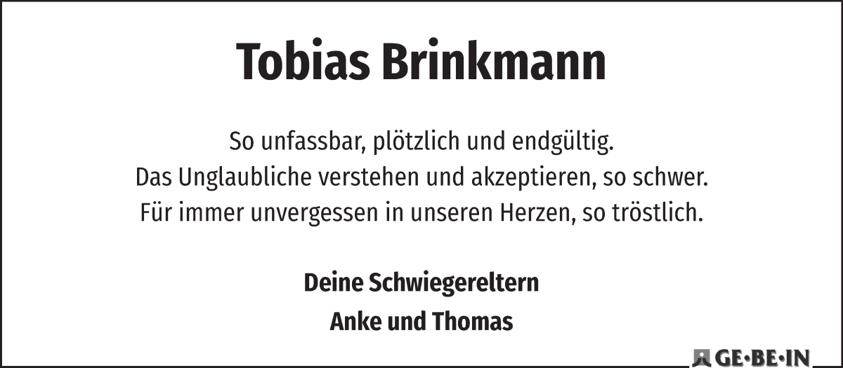 Traueranzeige von Tobias Brinkmann von WESER-KURIER