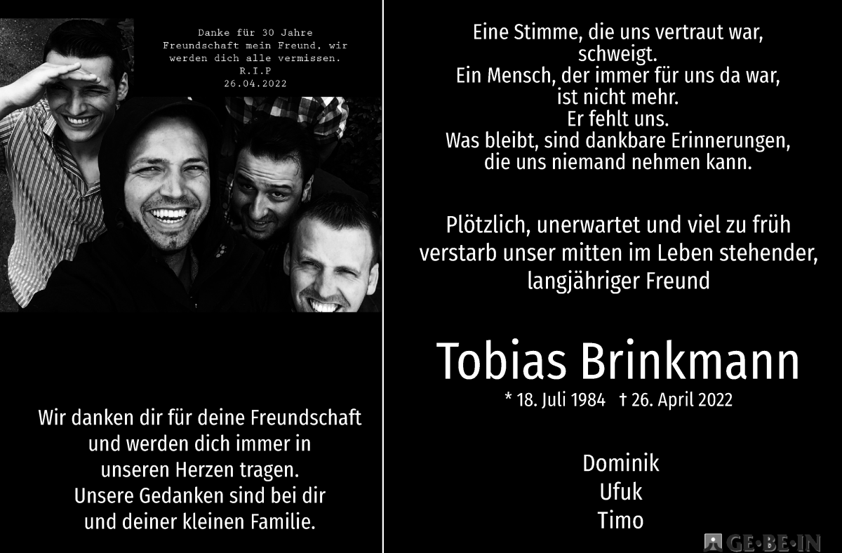 Traueranzeige von Tobias Brinkmann von WESER-KURIER