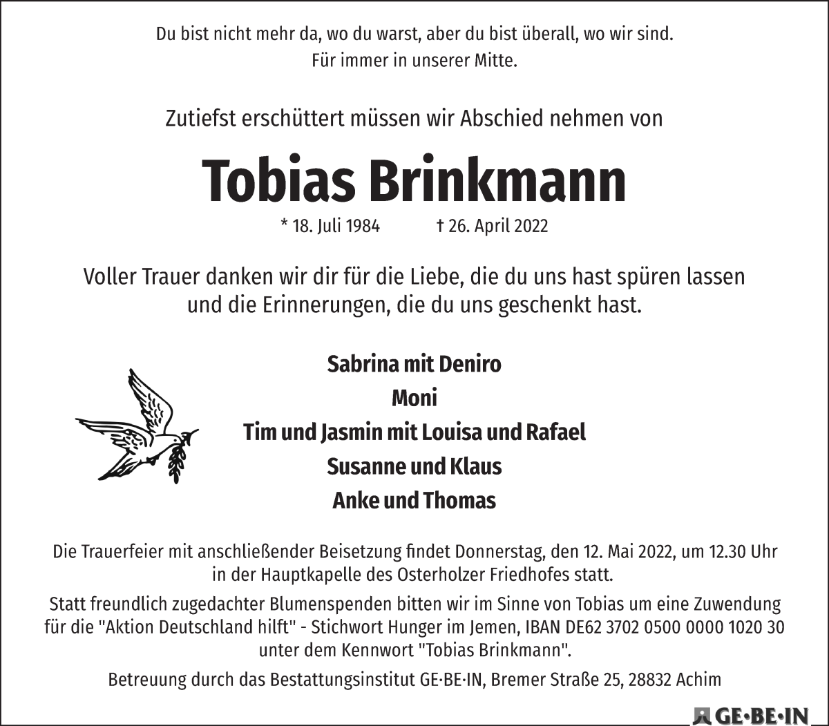 Traueranzeige von Tobias Brinkmann von WESER-KURIER