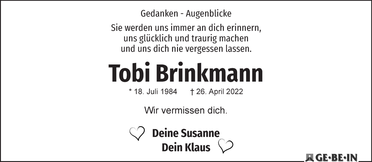 Traueranzeige von Tobias Brinkmann von WESER-KURIER