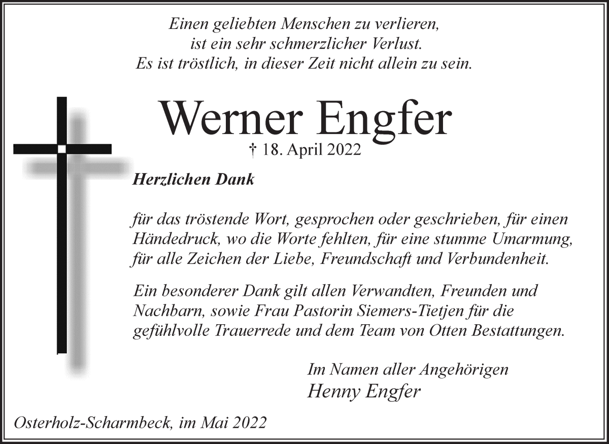 Traueranzeige von Werner Engfer von Osterholzer Kreisblatt