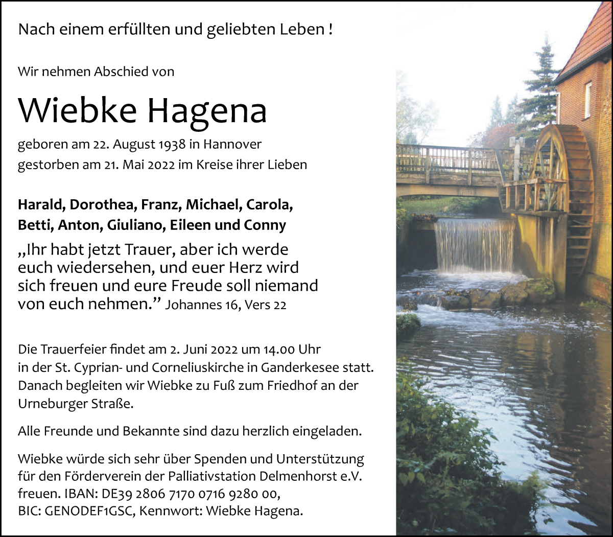 Traueranzeige von Wiebke Hagena von Delmenhorster Kurier