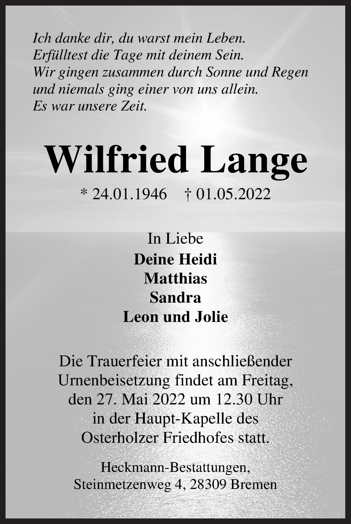 Traueranzeige von Wilfried Lange von WESER-KURIER