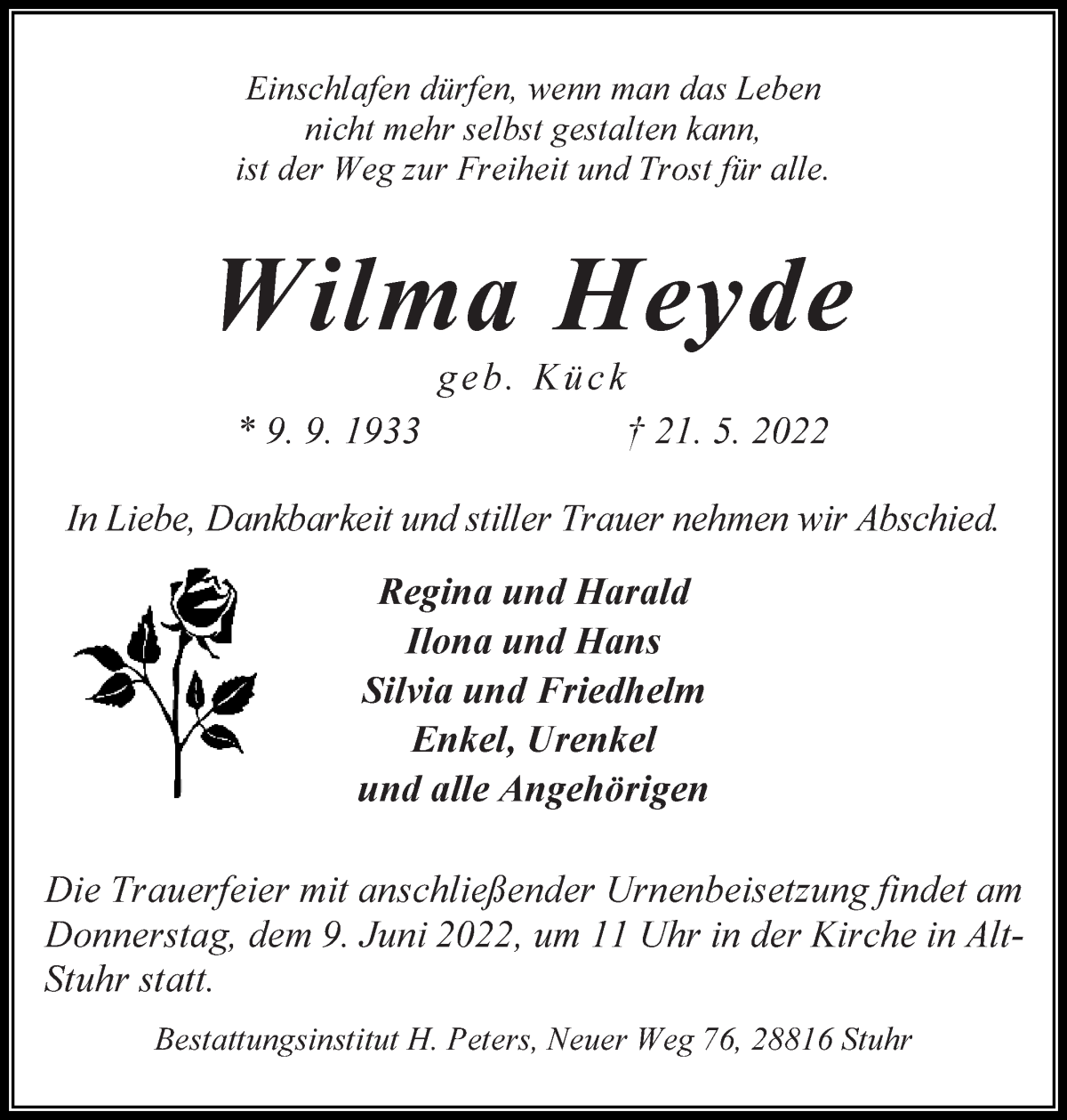 Traueranzeige von Wilma Heyde von WESER-KURIER