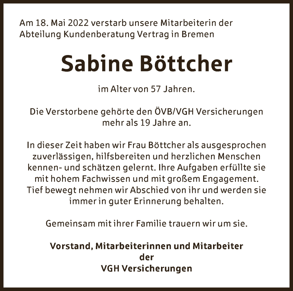 Traueranzeige von Sabine  Böttcher von Weser Kurier Gesamtausgabe