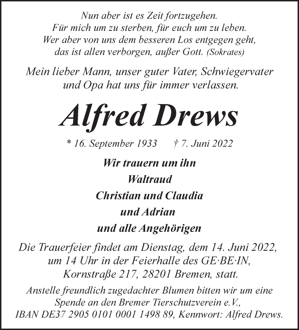 Traueranzeige von Alfred Drews von WESER-KURIER