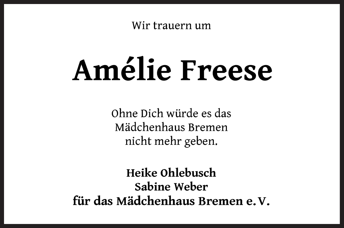 Traueranzeige von Amélie Freese von WESER-KURIER