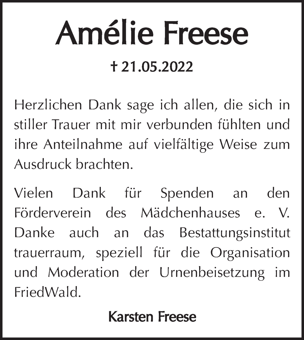 Traueranzeige von Amélie Freese von WESER-KURIER