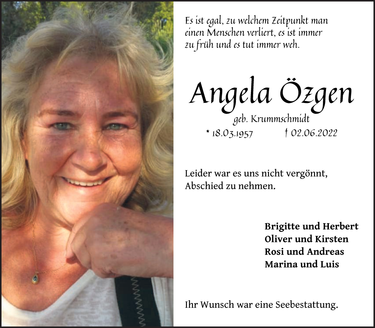 Traueranzeige von Angela Özgen von Die Norddeutsche