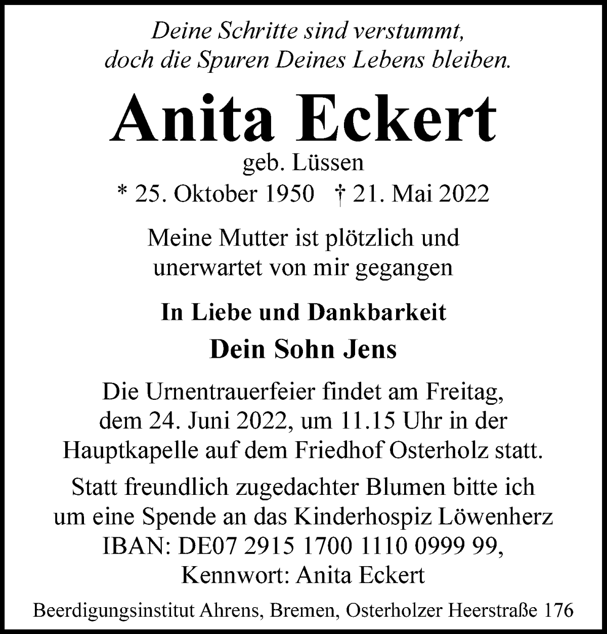Traueranzeige von Anita Eckert von WESER-KURIER