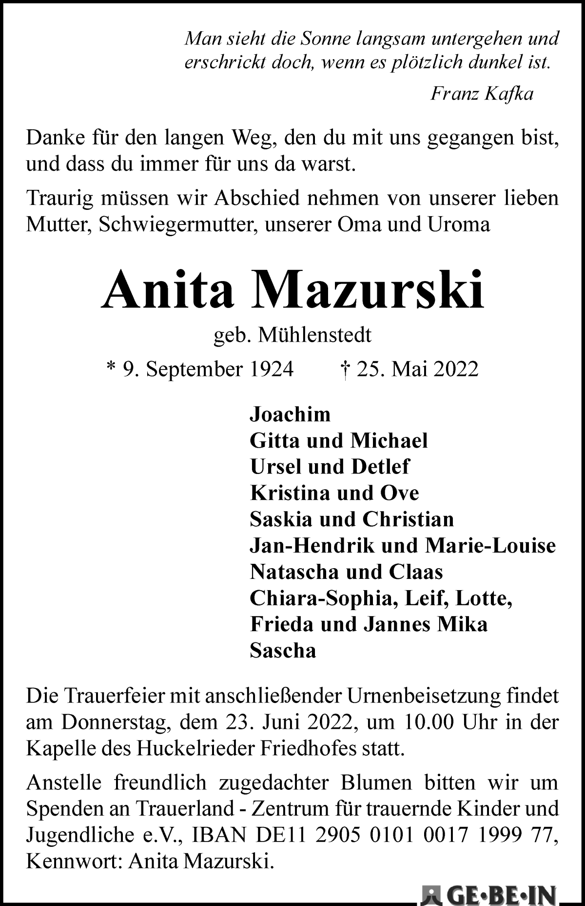 Traueranzeige von Anita Mazurski von WESER-KURIER