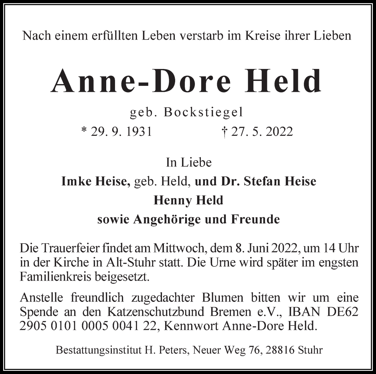 Traueranzeige von Anne-Dore Held von WESER-KURIER