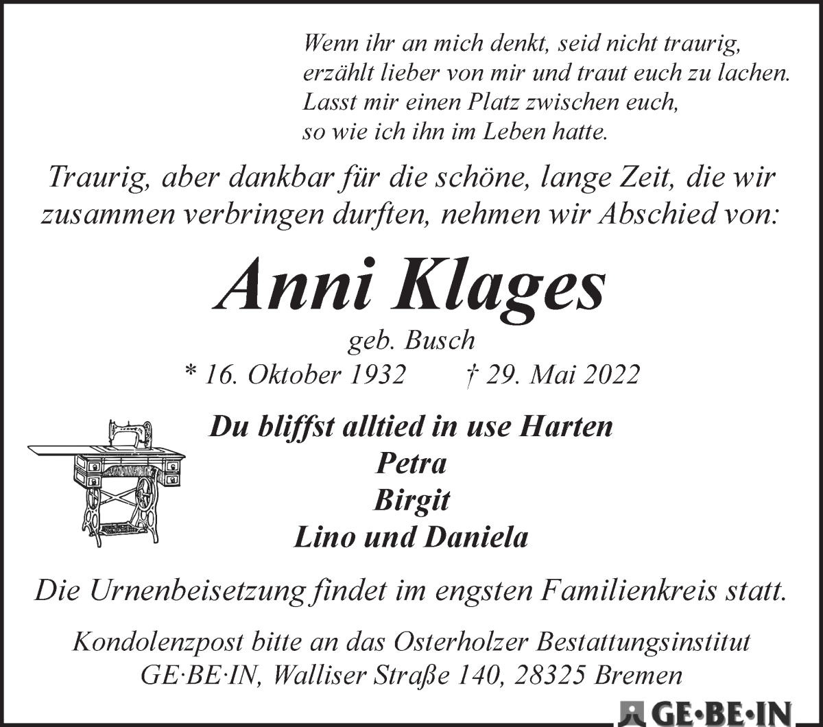 Traueranzeige von Anni Klages von WESER-KURIER