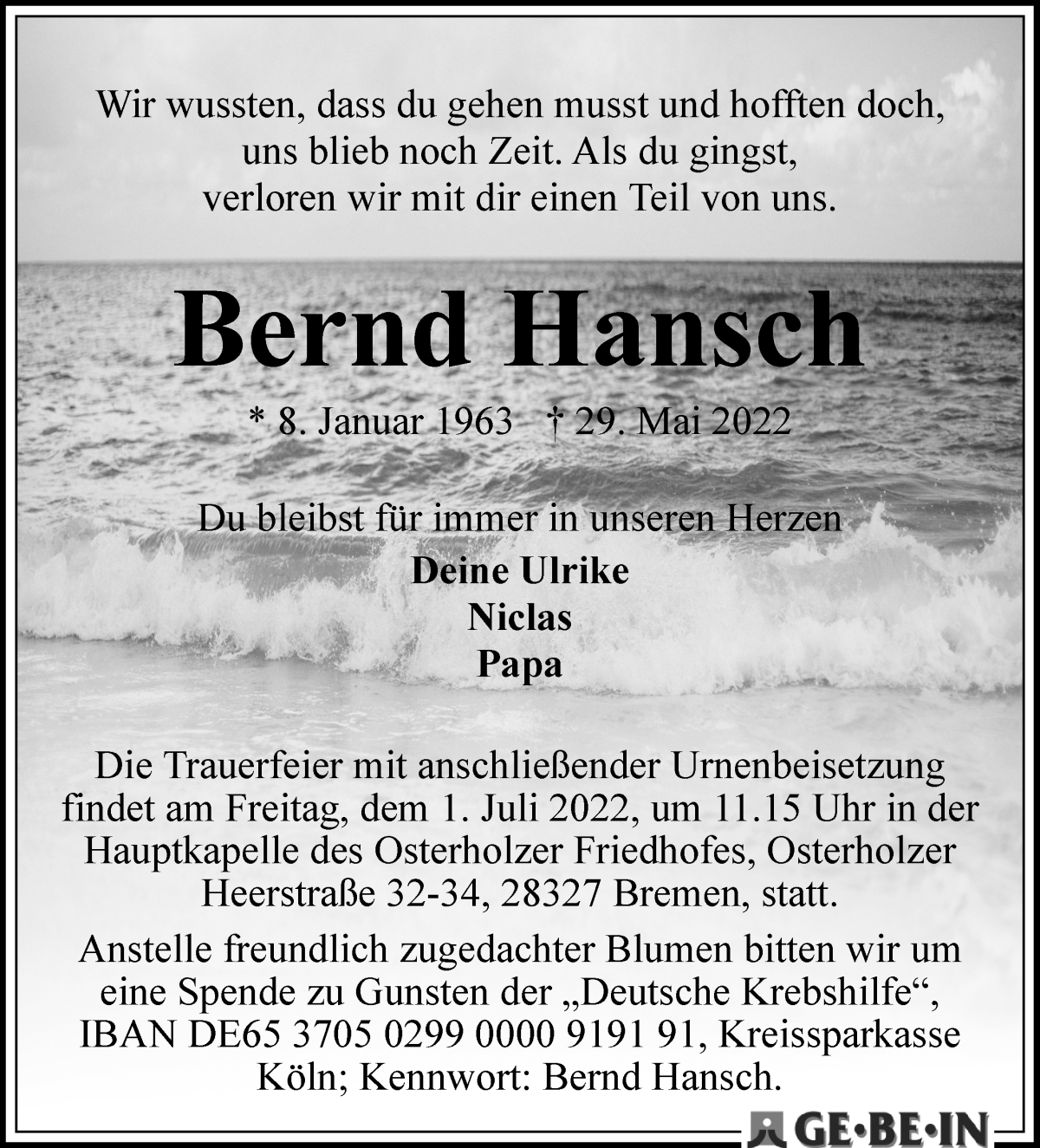 Traueranzeige von Bernd Hansch von WESER-KURIER