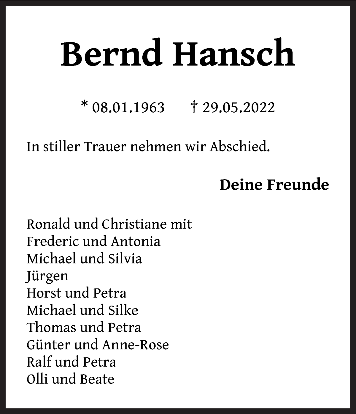 Traueranzeige von Bernd Hansch von WESER-KURIER