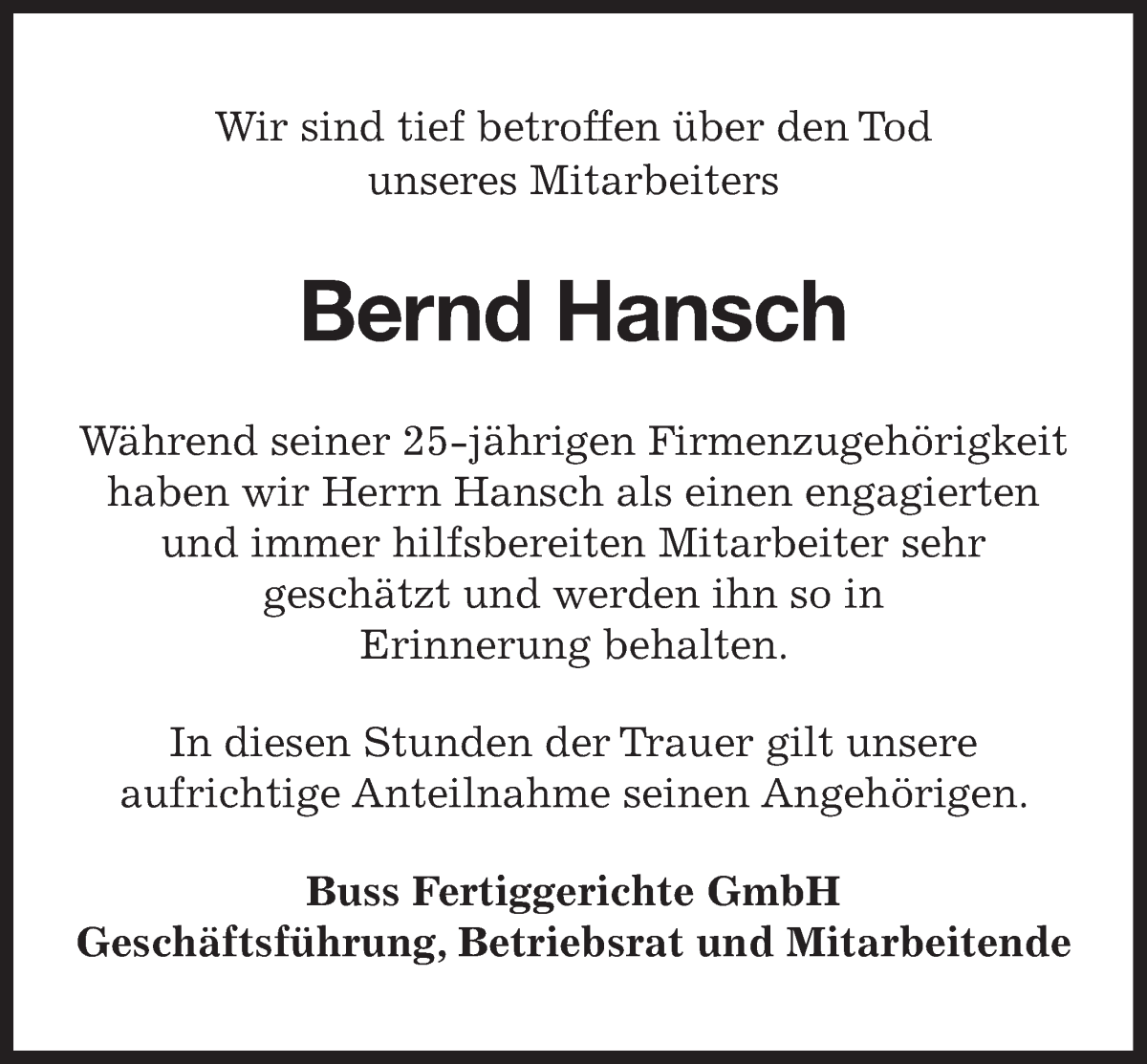 Traueranzeige von Bernd Hansch von WESER-KURIER