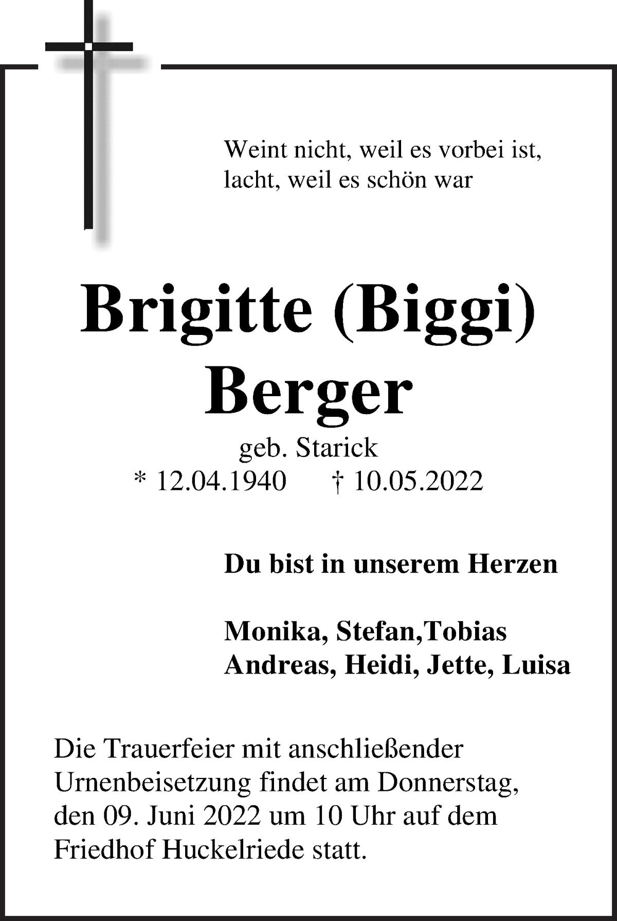 Traueranzeige von Brigitte Berger von WESER-KURIER