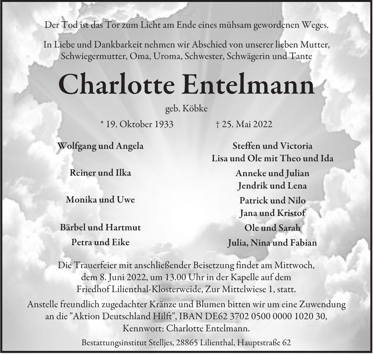 Traueranzeige von Charlotte Entelmann von Wuemme Zeitung