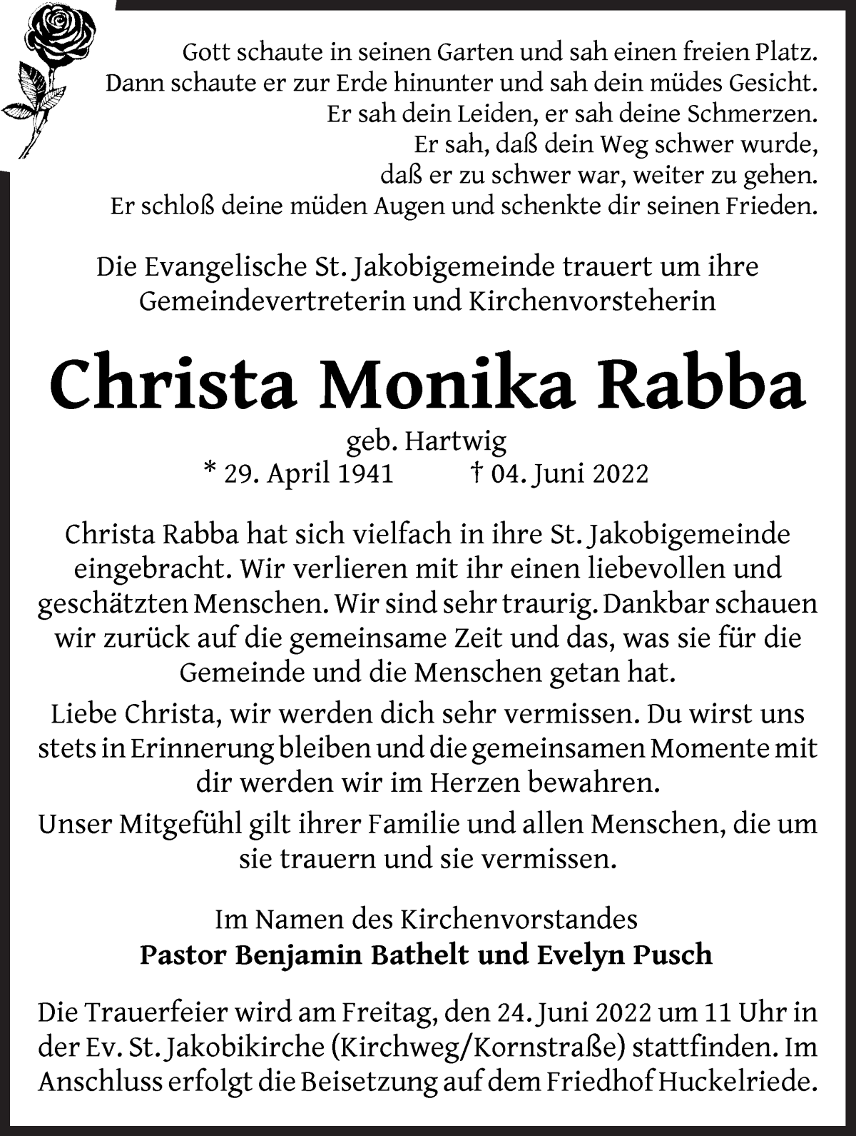 Traueranzeige von Christa Monika Rabba von WESER-KURIER