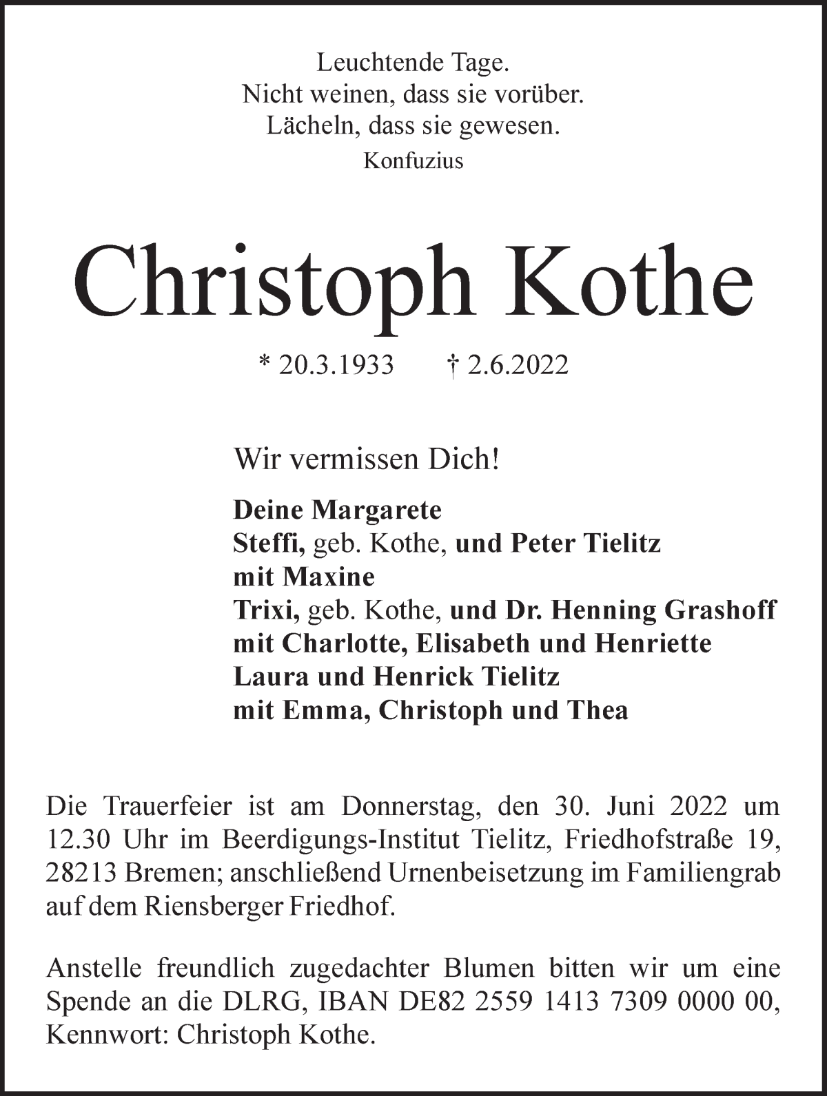 Traueranzeige von Christoph Kothe von WESER-KURIER