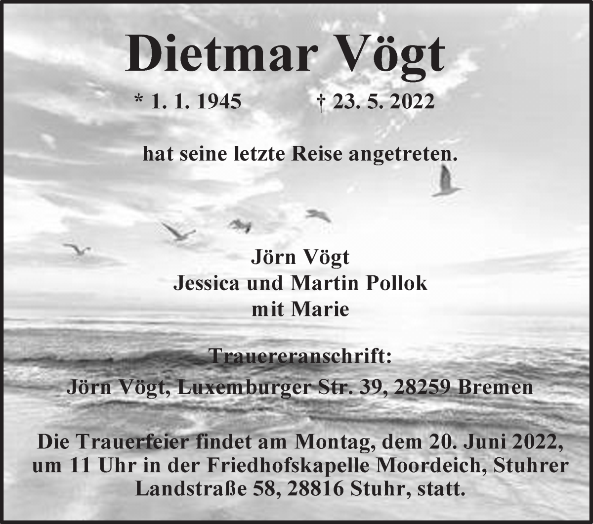 Traueranzeige von Dietmar Vögt von WESER-KURIER